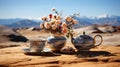 AI generated illustration of a ceramic tea set in a desert Royalty Free Stock Photo