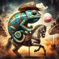 AI generated illustration of a chameleon hitching a ride on a horse's back Royalty Free Stock Photo