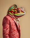 AI generated illustration of a chameleon wearing a red chambray damask