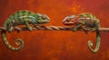 AI generated illustration of chameleons hanging on a rope