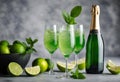 AI generated illustration of champagne glasses, adorned with limes and mints Royalty Free Stock Photo