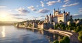 a small castle on a river by a hill on the ocean Royalty Free Stock Photo