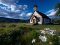 AI-generated illustration of a rustic church in a lush green field under a dramatic cloudy sky Royalty Free Stock Photo