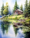 AI-generated illustration of a charming wooden cabin situated in a picturesque natural landscape
