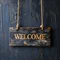 AI generated illustration of a charming wooden sign with the word "welcome" adorning it
