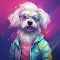 AI generated illustration of a cheerful canine wearing a vibrant knitted sweater and glasses