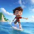 AI generated illustration of a cheerful cartoon boy surfing in the ocean Royalty Free Stock Photo