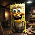 a cartoon spongebob smiles while standing at a table in a small kitchen