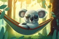 AI generated illustration of a cheerful cartoon koala lounging in a hammock wearing sunglasses