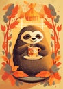 AI generated illustration of a cheerful cartoon sloth holding a mug