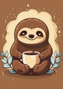 AI generated illustration of a cheerful cartoon sloth holding a mug