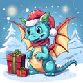 AI generated illustration of a cheerful dragon sits atop a colorful pile of Christmas presents