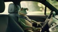 a frog sitting in the passenger seat of a car next to a radio