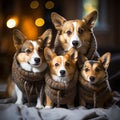 AI generated illustration of a cheerful group of canine companions dressed in knit sweaters