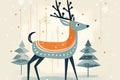 AI generated illustration of a cheerful reindeer standing in a wintery scene amongst tall trees