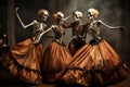 AI generated illustration of cheerful skeleton dancers in vibrant costumes Royalty Free Stock Photo