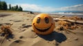 a smiley face ball sits on the sand near a forest Royalty Free Stock Photo