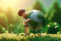 AI generated illustration of a cheerful young boy in a verdant meadow holding planet Earth