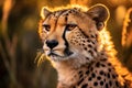 AI generated illustration of a cheetah resting in a grassy bush during a beautiful sunset Royalty Free Stock Photo