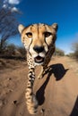 AI generated illustration of a cheetah running on a dirt pathway in the sunlight Royalty Free Stock Photo
