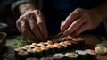 AI generated illustration of a chef preparing a plate of sushi with some sauce