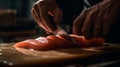 AI generated illustration of a chef slicing up salmon on a chopping board with a knife