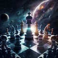 AI generated illustration of a chess board and figures with planets in space in the background Royalty Free Stock Photo