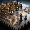 AI generated illustration of a chessboard featuring intricately detailed golden pieces