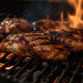 AI generated illustration of chicken breasts roasting on a barbecue grill, with flames flaring up