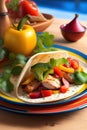 AI generated illustration of a chicken fajita on a colorful plate on the wooden table