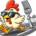 AI-generated illustration of a chicken wearing sunglasses and standing running away from a fork