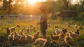 a little kid watching geese with the sun setting behind them