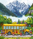 AI generated illustration of children boarding a school bus with mountains in the background Royalty Free Stock Photo