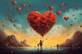 AI generated illustration of children holding up bright heart-shaped balloons in the air