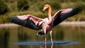 AI generated illustration of a Chilean Flamingo (Phoenicopterus chilensis) wading in a tranquil pond