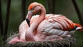 AI generated illustration of a Chilean flamingo (Phoenicopterus chilensis) perched atop a nest