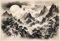 AI generated illustration of Chinese ink landscape picture with dragon, sun, mountains Royalty Free Stock Photo