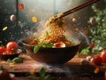 AI-generated illustration of chopsticks picking noodles from a bowl on a tabletop Royalty Free Stock Photo