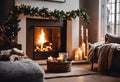 christmas decorations and candles are shown in the room beside a fireplace Royalty Free Stock Photo