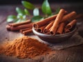 AI generated illustration of cinnamon spice, sticks, and powder arranged in a bowl Royalty Free Stock Photo