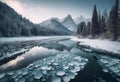 many circles of water floating in the snow near a snowy river