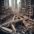 A city in disarray with debris strewn across the street, creating a chaotic scene of destruction