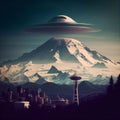 AI generated illustration of a city situated in mountains and a UFO spaceship over the snowy peak