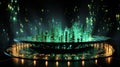 AI generated illustration of a cityscape, with a cluster of illuminated high-rise buildings