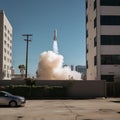 AI generated illustration of a cityscape featuring a car with a rocket launch in the background Royalty Free Stock Photo