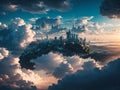 AI generated illustration of a cityscape, featuring a cluster of buildings surrounded by clouds