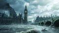 AI-generated illustration of the cityscape of London with Big Ben and the burning Westminster Palace