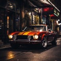 AI generated illustration of a classic car parked on the side of a dark road in the moonlight