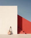 AI generated illustration of a classic guitar leaning on a white wall with red staircase Royalty Free Stock Photo