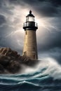 AI generated illustration of a classic lighthouse under dramatic storm clouds and stormy weather Royalty Free Stock Photo